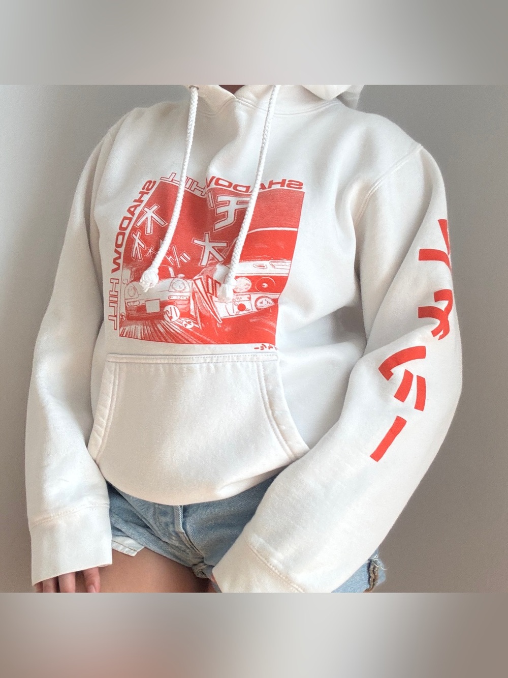 Shadow Hill White Hoodie with Red Graphic and Sleeve Print